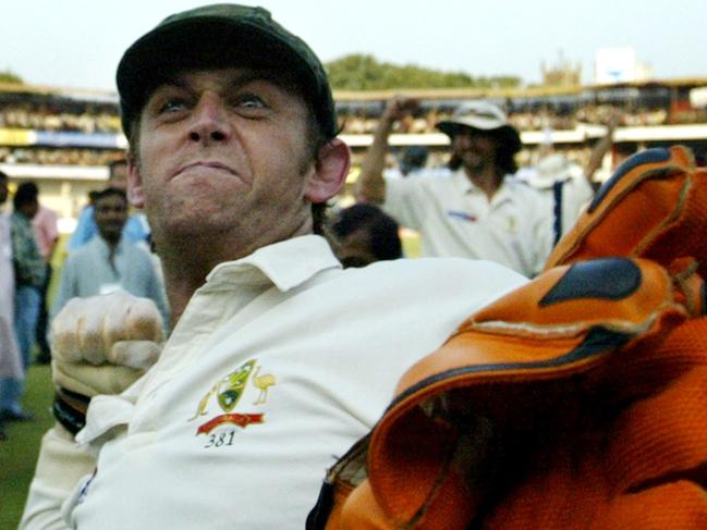 29/10/2004: Australia's Adam Gilchrist celebrates his team's victory over India in the third cricket test match in Nagpur.