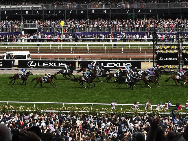 Vow and Declare (right) leads the ast the post in the Melbourne Cup at Flemington Racecourse in Melbourne, Tuesday, November 5, 2019. (AAP Image/Julian Smith) NO ARCHIVING