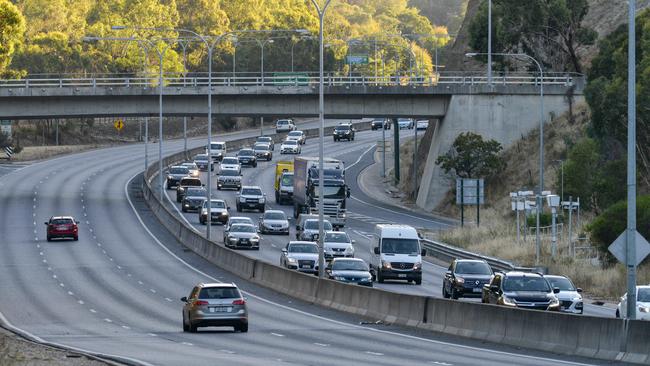 Traffic on the South Eastern Freeway downtrack near Mount Osmond. Picture: Brenton Edwards/AAP