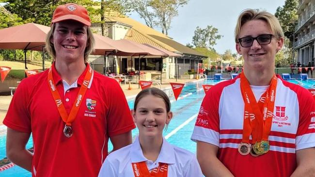 Ipswich Grammar Swim Club medallists (from left) Jayden Allum, Isabel Joffe and Sebastien Carvolth represent the exciting talent.