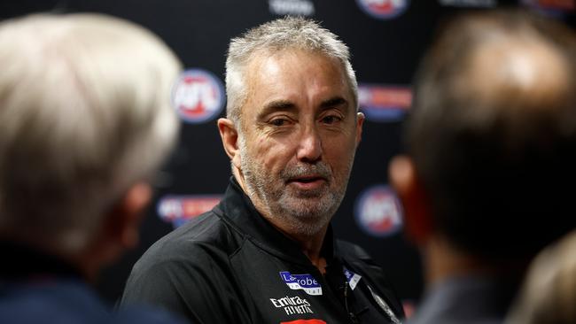 MELBOURNE, AUSTRALIA - NOVEMBER 21: Derek Hine, Recruiting Manager of the Magpies speaks with media during the 2023 AFL Draft at Marvel Stadium on November 21, 2023 in Melbourne, Australia. (Photo by Michael Willson/AFL Photos via Getty Images)