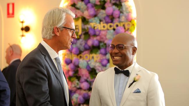 David Gallop &amp; Brian Lara at Tabcorp in the Birdcage at Flemington Race Course on Oaks Day. Picture: Stuart McEvoy.