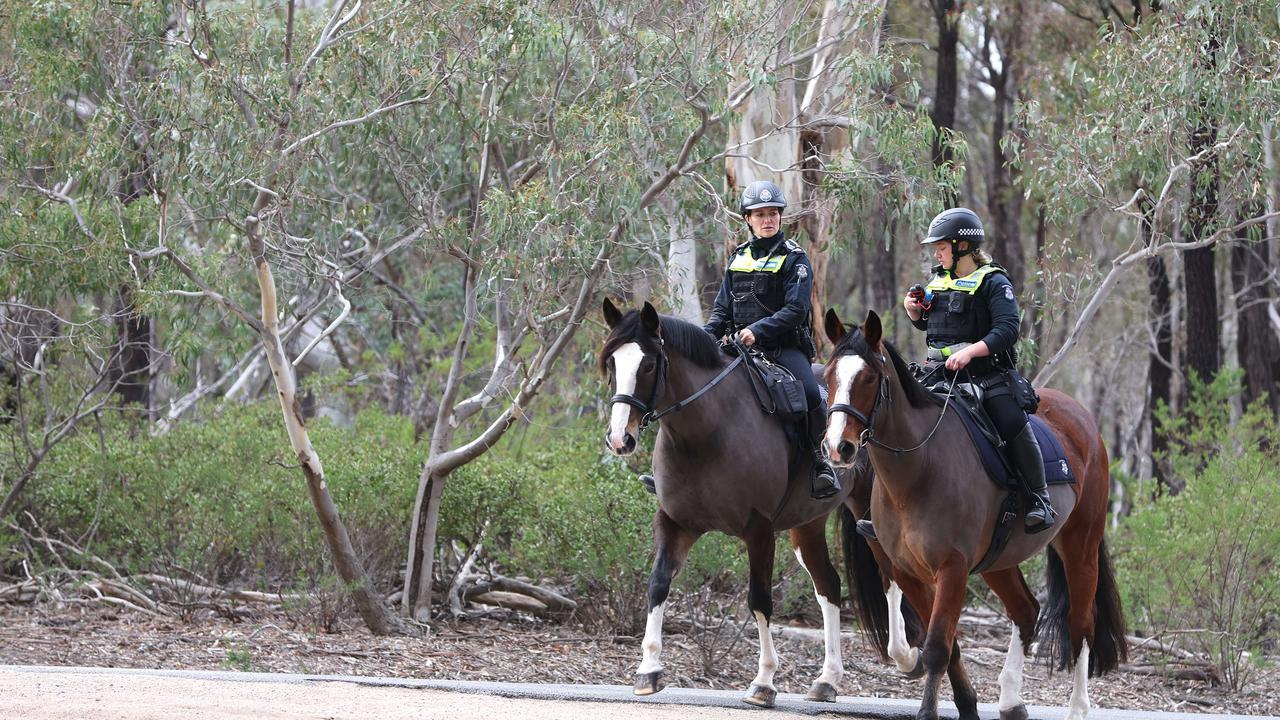 Police on horseback in the You Yangs looking for missing man Darren Blake of Whittington. Picture: Alison Wynd