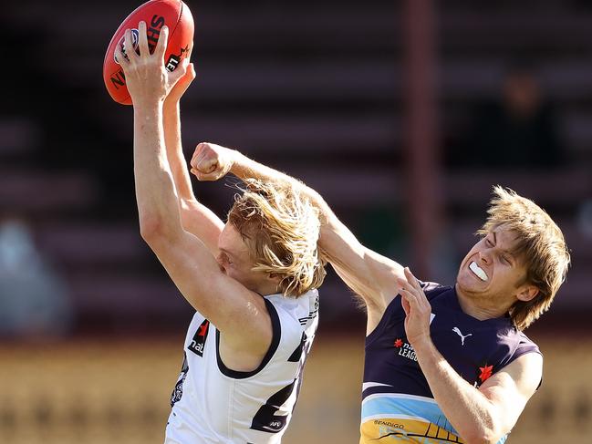 BENDIGO, AUSTRALIA - AUGUST 15: Mitchell Knevitt of the Falcons marks the ball during the NAB League Boys match between Bendigo Pioneers and Geelong Falcons at Queen Elizabeth Oval on August 15, 2021 in Bendigo, Australia. (Photo by Martin Keep/AFL Photos via Getty Images)