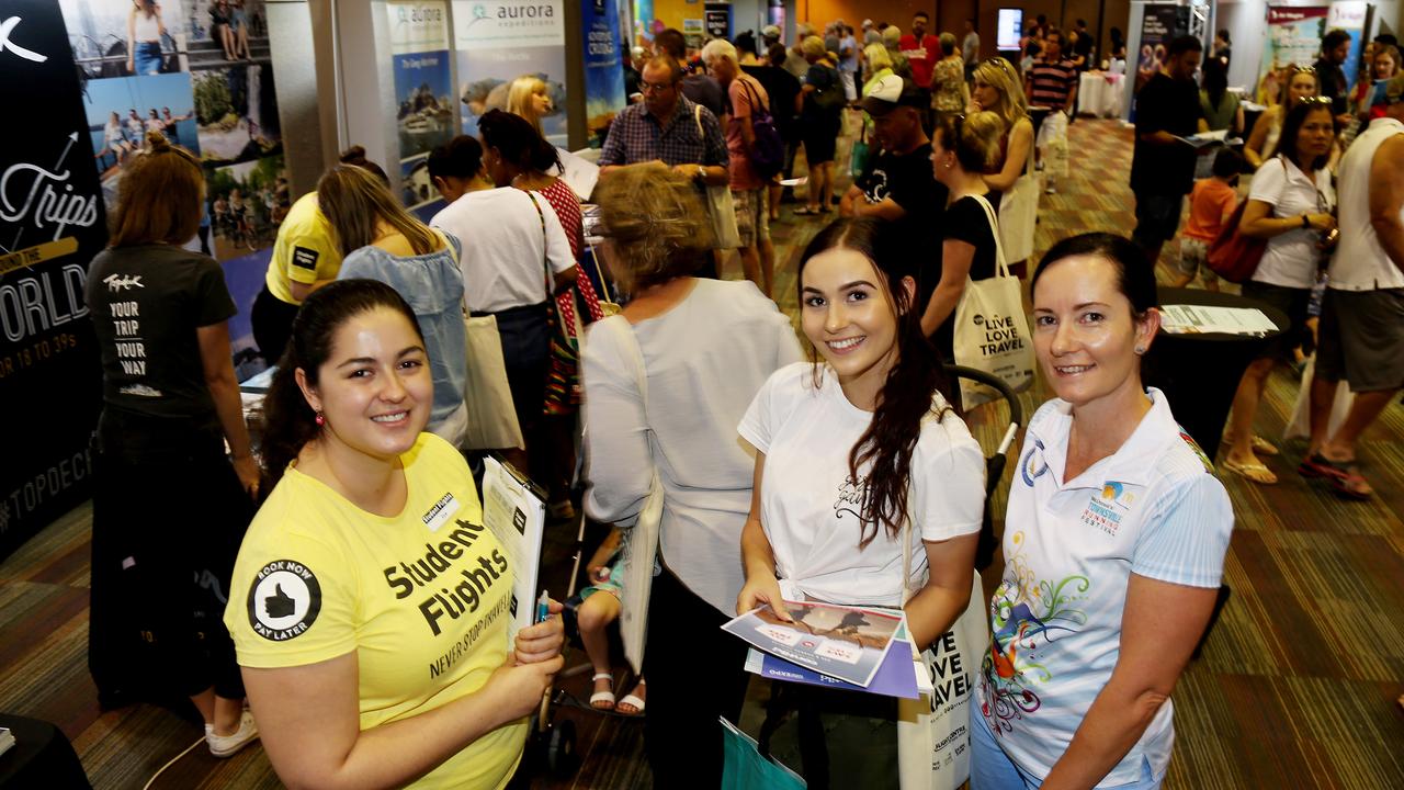 World Travel Expo returns to Cairns Convention Centre with lots of flight and cruise companies, hotels and attractions from around the world. Zoe Mure from Student Flights talks with Caitlyn Ord and her mother Debbie Qazim. PICTURE: STEWART MCLEAN