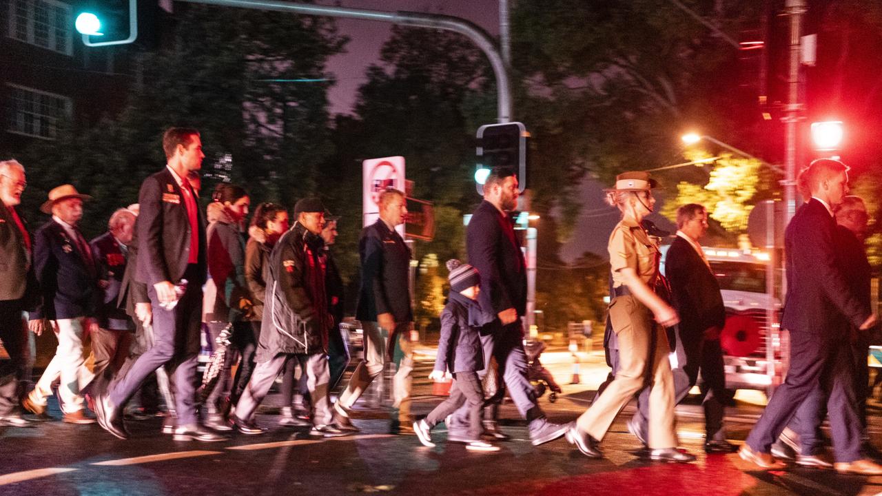 The march to the Anzac Day dawn service, Monday, April 25, 2022. Picture: Kevin Farmer