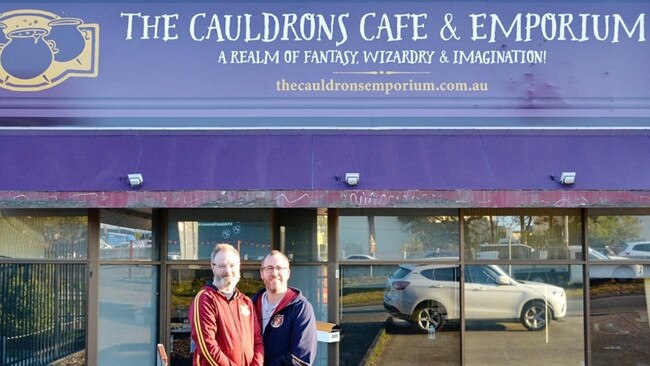 Gabriel and Shaun Fuller outside The Cauldrons Cafe &amp; Emporium at Slacks Creek. Picture: Shae Worship