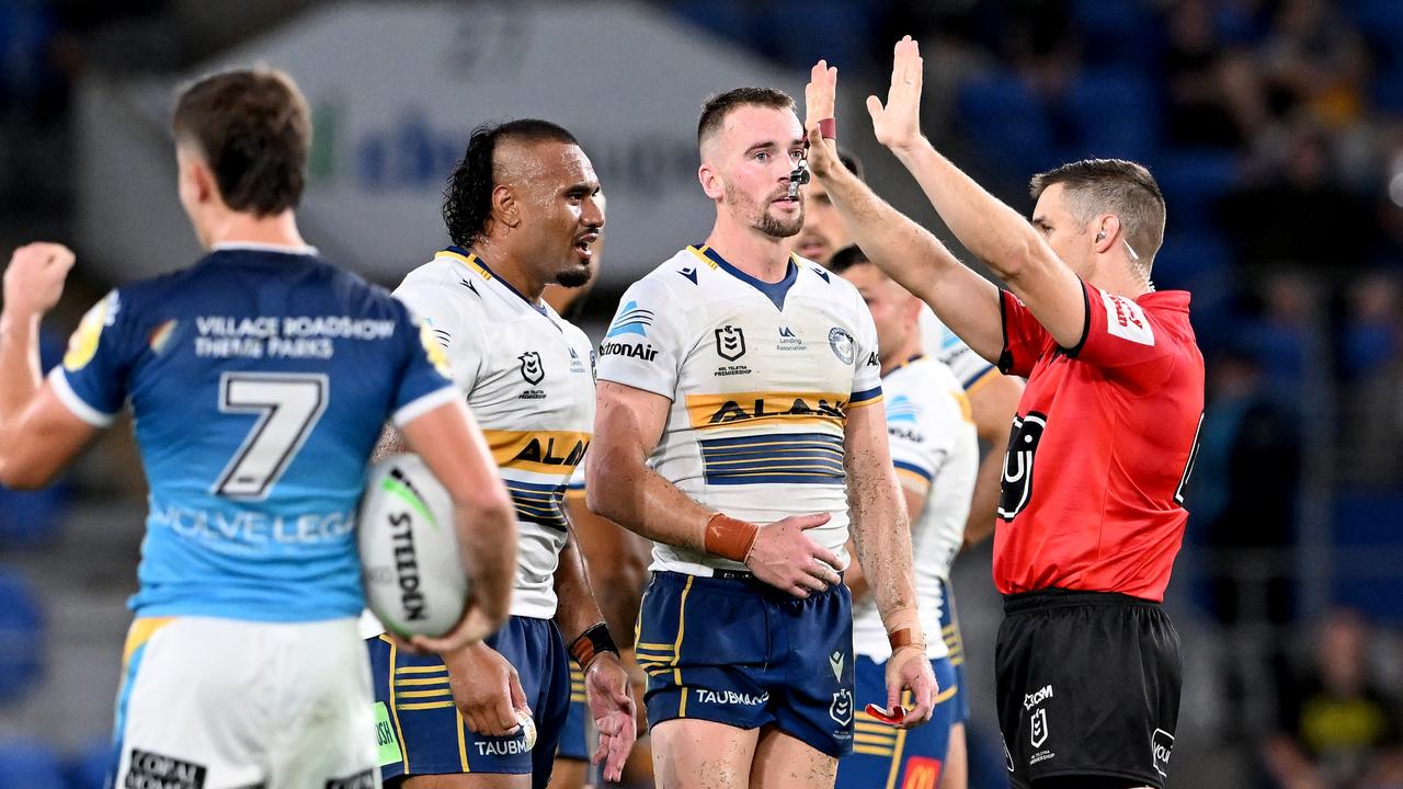 GOLD COAST, AUSTRALIA - APRIL 09: Junior Paulo of the Eels is sin binned during the round five NRL match between the Gold Coast Titans and the Parramatta Eels at Cbus Super Stadium, on April 09 2022, in Gold Coast, Australia. (Photo by Bradley Kanaris/Getty Images)