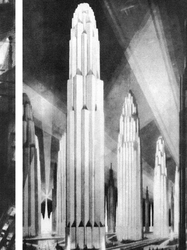 Artwork of famed early 20th century architect Hugh Ferriss was used as inspiration for the project.