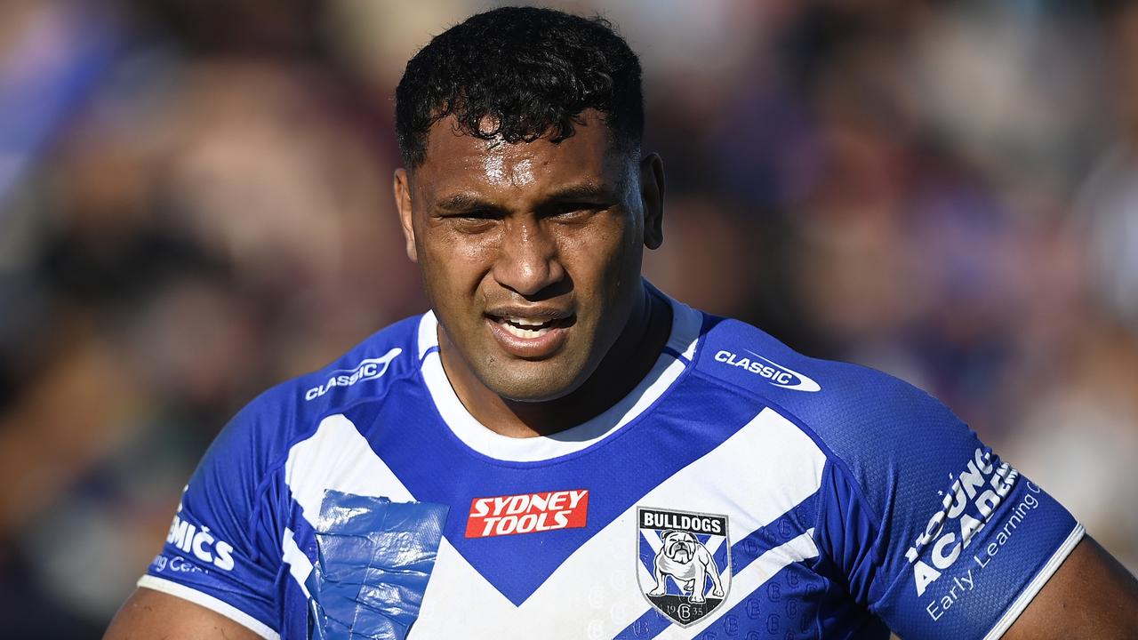 BUNDABERG, AUSTRALIA - JULY 30: Tevita Pangai Junior of the Bulldogs looks on during the round 22 NRL match between Canterbury Bulldogs and Dolphins at Salter Oval on July 30, 2023 in Bundaberg, Australia. (Photo by Ian Hitchcock/Getty Images)