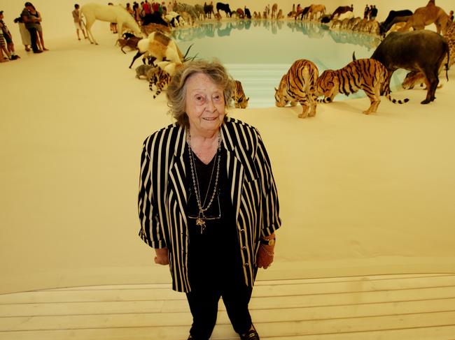 Philanthropist Win Schubert with the Cai exhibition at GOMA. She gave the gallery funds to enable her to buy the work for Queensland. Pic Mark Calleja