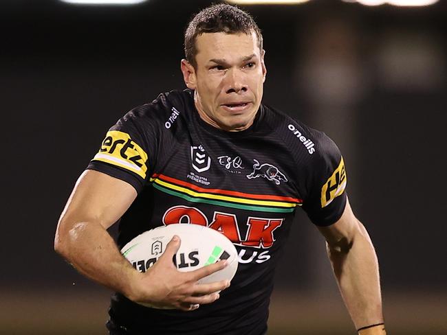 SYDNEY, AUSTRALIA - JULY 02:  Brent Naden of the Panthers runs the ball during the round 16 NRL match between the Penrith Panthers and the Parramatta Eels at BlueBet Stadium on July 02, 2021, in Sydney, Australia. (Photo by Mark Kolbe/Getty Images)