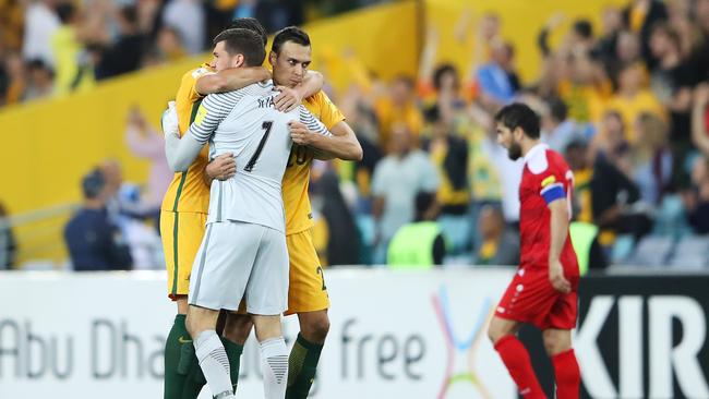 Milos Degenek, Trent Sainsbury and Mathew Ryan.