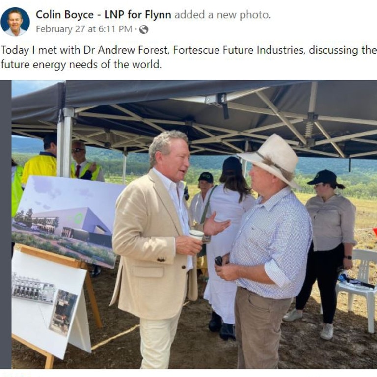 A picture alongside Andrew Forrest uploaded to Colin Boyce’s Facebook page following the sod turning at Fortescue’s new Green Energy Manufacturing Centre at Gladstone. Picture: Colin Boyce