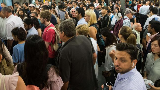 A crowded platform at Town Hall Station, Sydney, on 25th January 2018, as commuters get to work on a reduced train service due to industrial action. (Pictures by Julian Andrews).