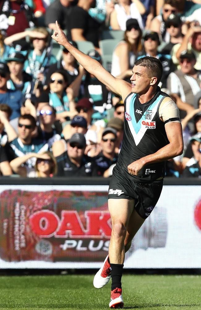 Tom Rockliff celebrates his first goal in Port colours in Round 1. Picture: Sarah Reed