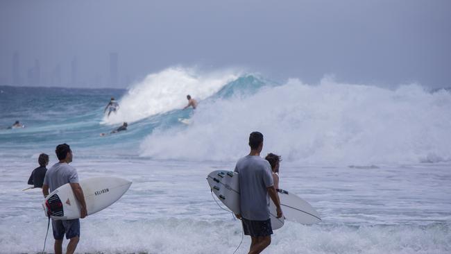 Surfers at Snapper Rocks on Sunday 2 January 2022. Picture: Jerad Williams
