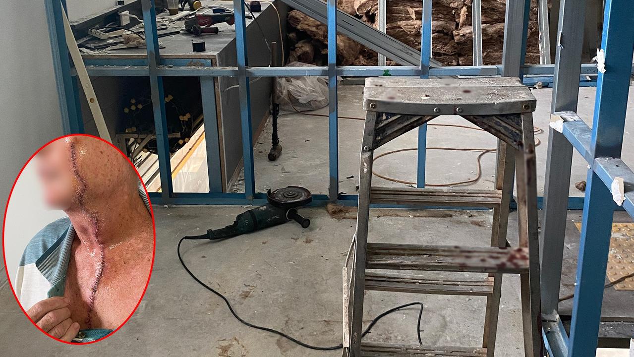 The scene of the incident with the extent of the worker’s throat and face injuries (insert). Picture: NT WorkSafe