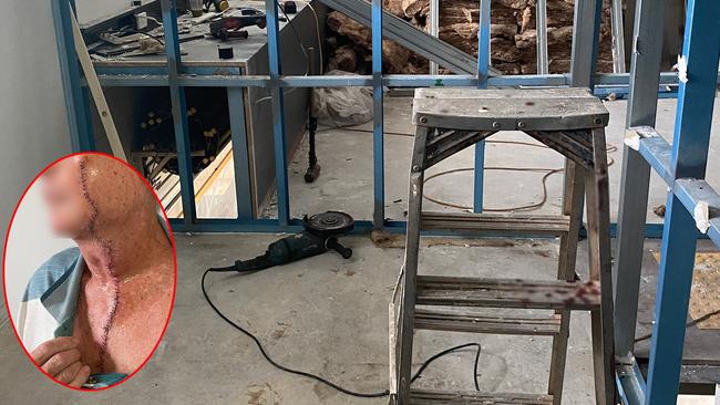 The scene of the incident with the extent of the worker’s throat and face injuries (insert). Picture: NT WorkSafe