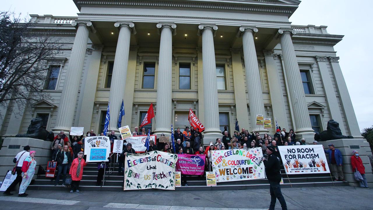 More than 100 people attended a "you're welcome here" rally organised on the steps of the Geelong Town Hall to protest neo-Nazis group appearances in Geelong. Picture: Alan Barber