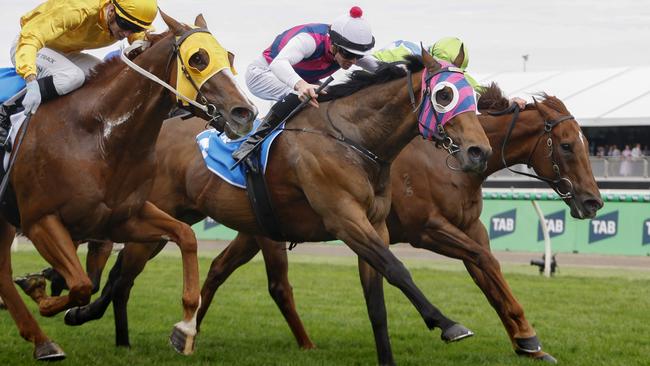 Rey Magnerio (middle) denied Robrick (yellow) and Front Page at Flemington. Picture: Michael Klein