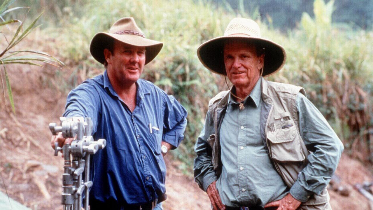 Film producer Grant Hill (l) with George Stevens Jnr on location for filming of "The Thin Red Line". Picture: 20th Century Fox