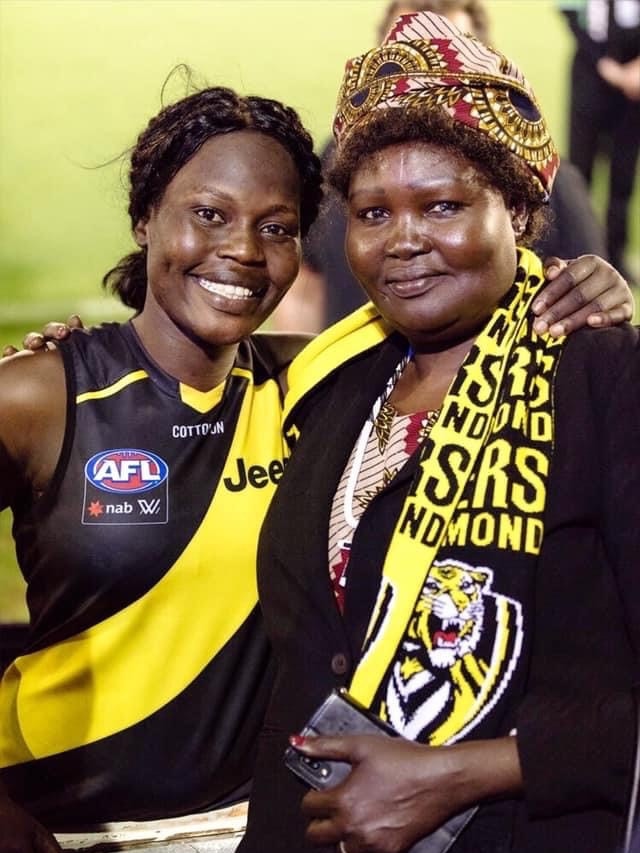 Chuot and her mum at Ikon Park during round 1 of the 2020 AFLW season.