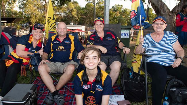 Kerry-lee Daniell, Drew Daniell, Madison Daniell, Alana Marnell and Gill Marnell at the Gold Coast Suns match vs Adelaide Crows at TIO Stadium. Picture: Pema Tamang Pakhrin