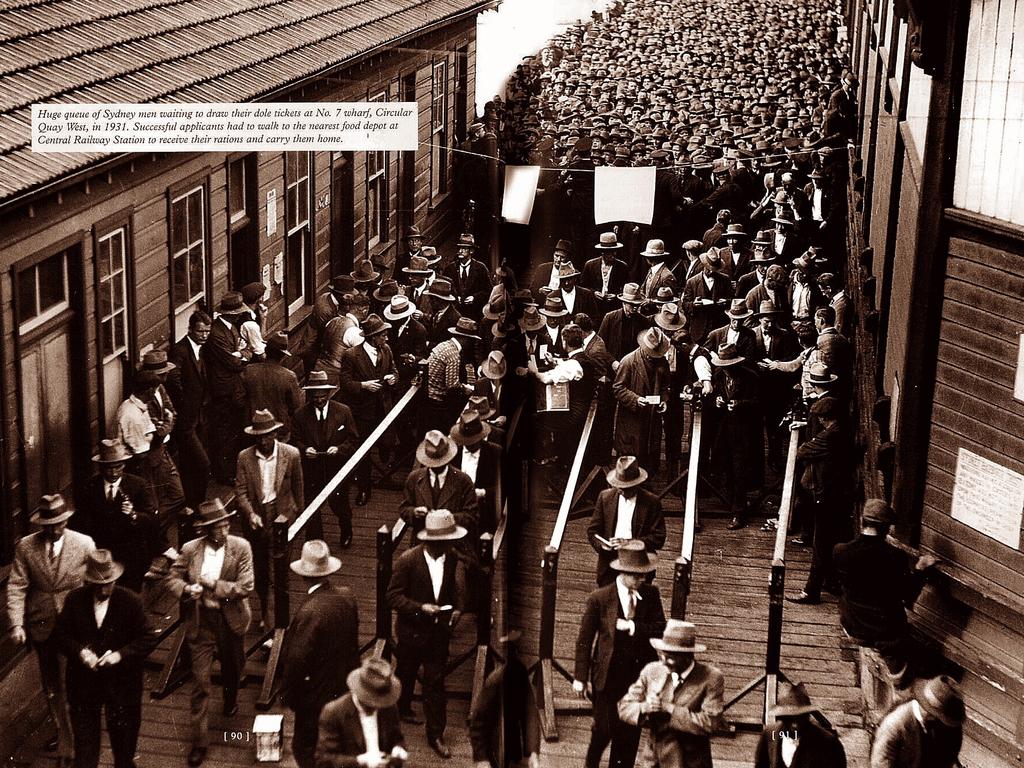 A dole queue at Circular Quay West, Sydney in 1931 during economic Great Depression. Picture: Supplied