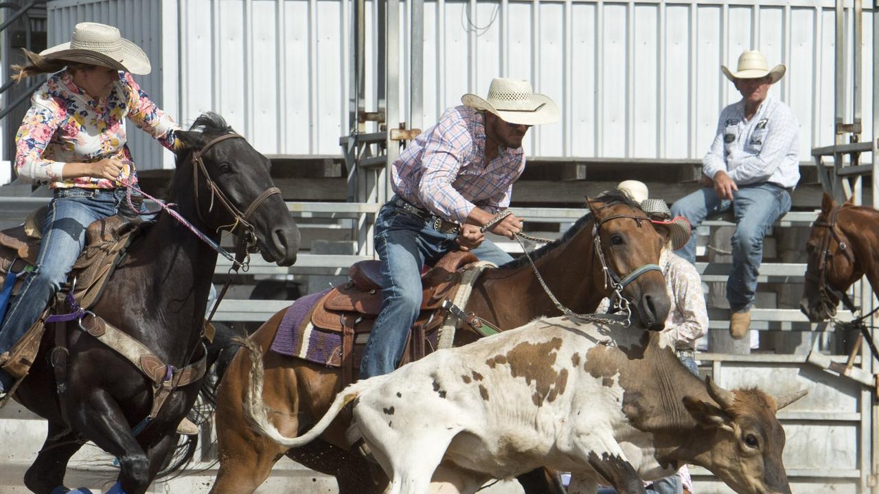 John Gordon in the Steer Wrestling at the Goombungee Rodeo . Saturday, Jan 2, 2016 . Photo Nev Madsen / The Chronicle