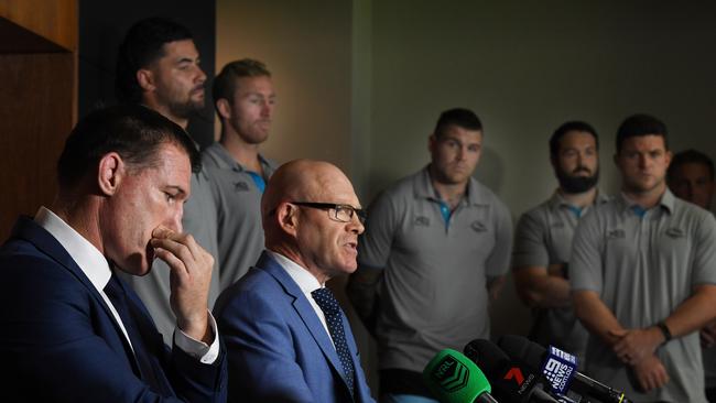 Russell and Gallen faced the media on Wednesday. AAP Image/Dean Lewins.