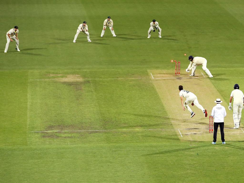 Ollie Robinson is bowled by Pat Cummins in the final Test to end England’s misery. Picture: Mark Kolbe - CA/Getty Images)