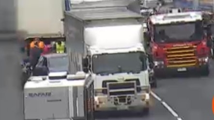 Three of the five outbound lanes are closed on the Monash Fwy near Burke Rd in Glen Iris after a multi-vehicle crash involving a truck, several cars and a motorcyclist on Monday about 7.15am. Picture: VicTraffic/X.