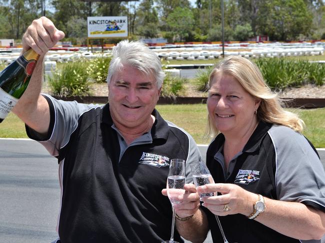 Terry Skene and wife Sonya celebrate the sale of Kingston Park Raceway after 23 years.