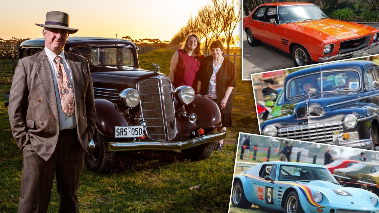 Paul, Nola and Lisa Clisby with their 1934 Buick, and some of the other stunning vehicles that will appear in this year’s Bay to Birdwood. Artwork: Steve Grice