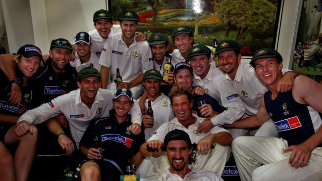 The Australian cricket team celebrating the historic series victory in India in October, 2004.