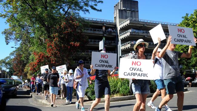 Opponents a carpark under Manly Oval marched around Manly in protes. Picture: Elenor Tedenborg.