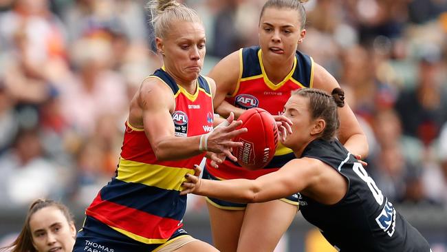 TIME TO CROW: Erin Phillips during her best-afield performance in the AFLW grand final win against Carlton at Adelaide Oval. Picture: MICHAEL WILSON (AFL Photos).