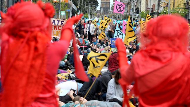 Extinction Rebellion supporters marched through Fitzroy. Picture: Andrew Henshaw