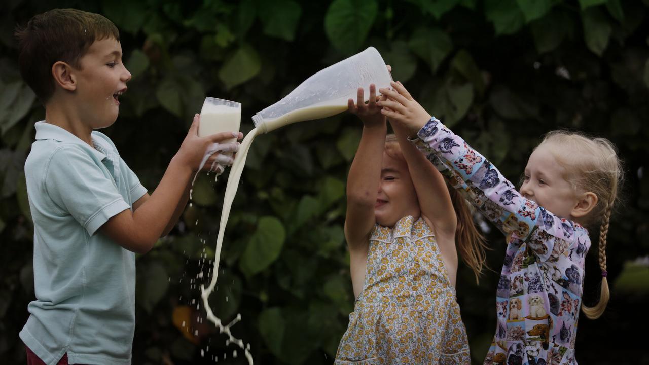 Milk that stays fresh for 60 days may soon be a reality. Charlie Kidman, 7, Elizabeth Kidman, 4 and Lydia Oliver, 4. Picture: Megan Slade.