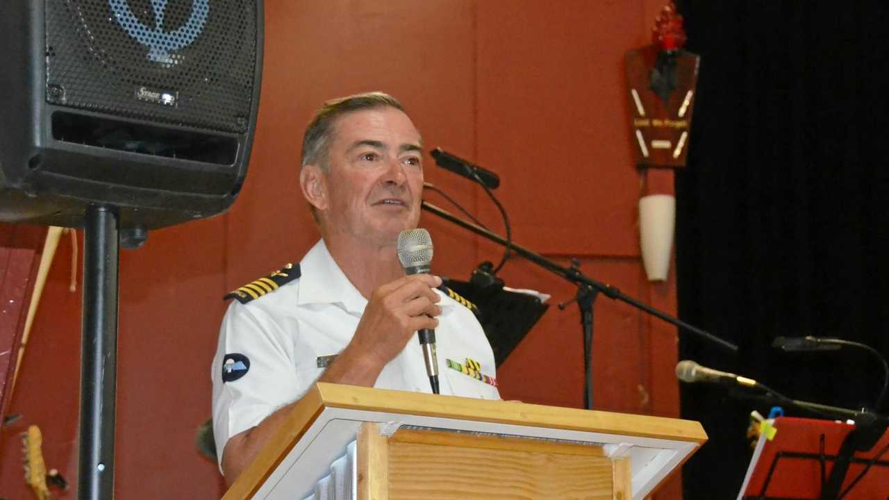 Guest speaker Group Captain Guy Burton from the Royal Australian Air Force addresses the crowd. Picture: Marissa Newman