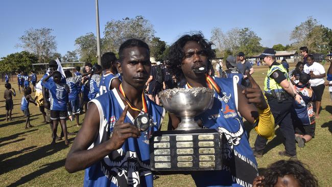 The Buffaloes following the win in the Tiwi Island Football League grand final between Tuyu Buffaloes and Pumarali Thunder. Picture: Max Hatzoglou