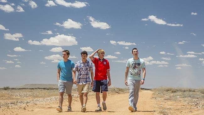 Four British teenagers visit Australia in The Inbetweeners 2; from left, Joe Thomas (as Simon), Simon Bird (as Will), James Buckley (as Jay) and Blake Harrison (as Neil).