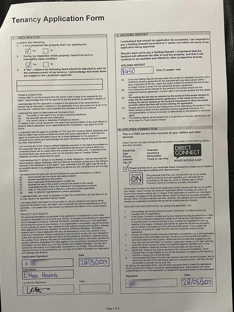 The tenancy application Mr Hanna made.