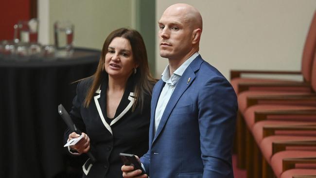 Senator Jacqui Lambie and Senator David Pocock during Question Time in the Senate at Parliament House in Canberra. Picture: Martin Ollman