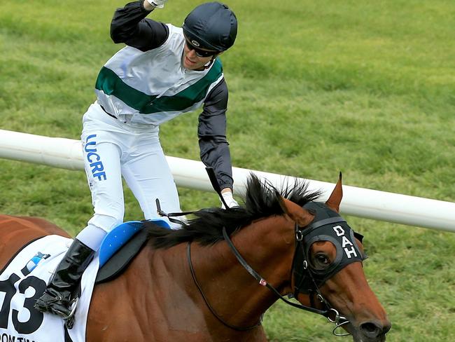 2017 Caulfield Cup Day races at Caulfield Racecourse, Saturday October 21st in Melbourne, Victoria. Cory Parish wins the Caulfield Cup on Boom Time. Picture: Mark Stewart