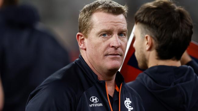 MELBOURNE, AUSTRALIA - JUNE 02: Michael Voss, Senior Coach of the Blues looks on during the 2023 AFL Round 12 match between the Melbourne Demons and the Carlton Blues at the Melbourne Cricket Ground on June 2, 2023 in Melbourne, Australia. (Photo by Michael Willson/AFL Photos via Getty Images)