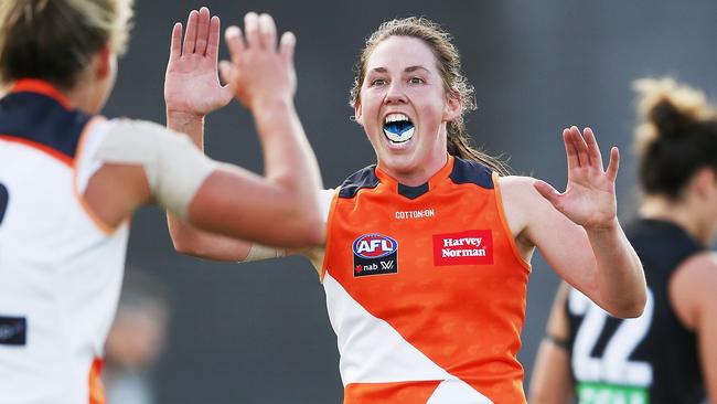 Jodie Hicks celebrates a goal against Collingwood last season. Picture: Getty