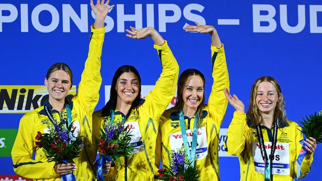 Gold medallists Shayna Jack, Meg Harris, Madison Wilson, Mollie O'Callaghan after winning gold in the 4x100m freestyle relay final at the 2022 FINA world championships in Budapest.