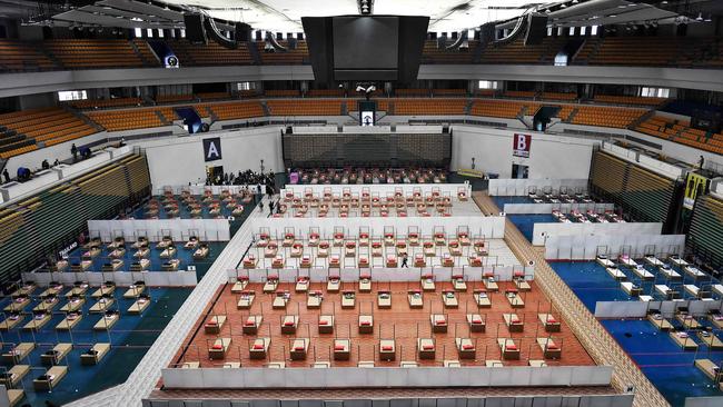 A field hospital erected in a sports stadium on the outskirts of Bangkok to cope with a surge in coronavirus patients. Picture: AFP